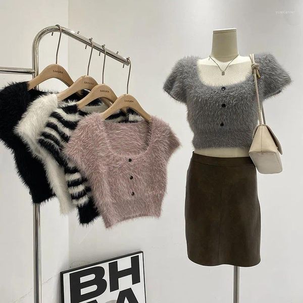 Kadın Sweaters Yaz Tişörtü Kadınlar Harajuku Giysileri Femme Üstler Kız Moda Modaya Dizy Düğmesi Kare Yaka Kısa Kol Beyaz Vintage Korece