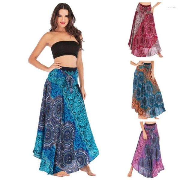 Saias Kiki Imprimir Maxi Saia Elástica Cintura Alta Longa para Mulheres Dança do Ventre Férias Praia Vestidos Flowy Swing