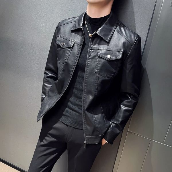 Мужская мотоциклетная кожаная куртка большого размера с карманом, черная молния с лацканами, облегающее мужское пальто из искусственной кожи высокого качества на весну и осень 240112