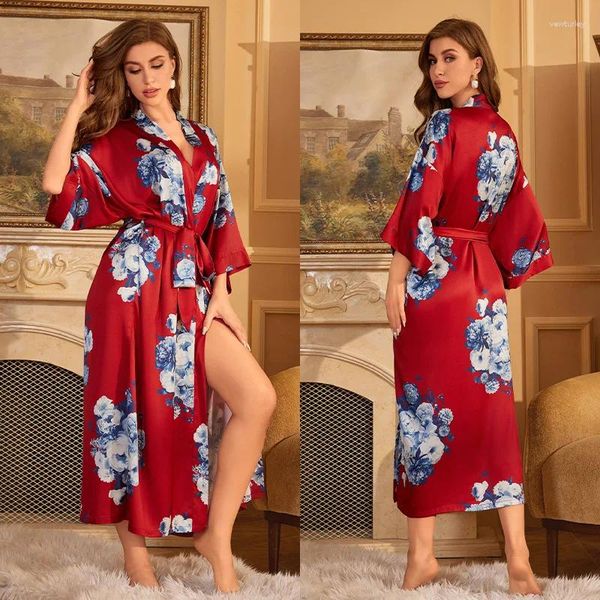 Mulheres sleepwear cetim robes mulheres nightwear flor casa roupas íntimas lingerie casual quimono banho vestido senhora sexy noite vestido roupão