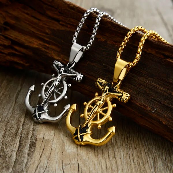 Pendentifs ancre pour hommes, Collier de gouvernail en or jaune 14 carats, Collier de jésus, bijoux