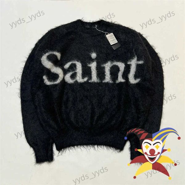 Suéteres masculinos Mohair Saint Michael Sweater Homens Mulheres 1/1 Top Quality Crew Neck Knit Moletons T240112
