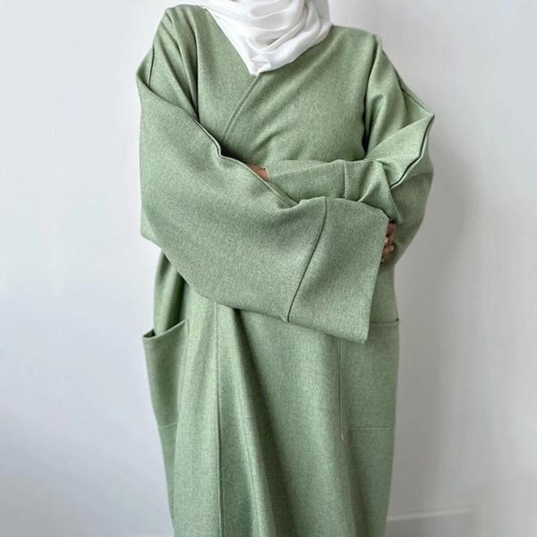 Ethnische Kleidung, Leinen, offene Abaya mit Taschen, dicker Kimono, islamischer Großhandel, Strickjacke, muslimisches Frauenkleid