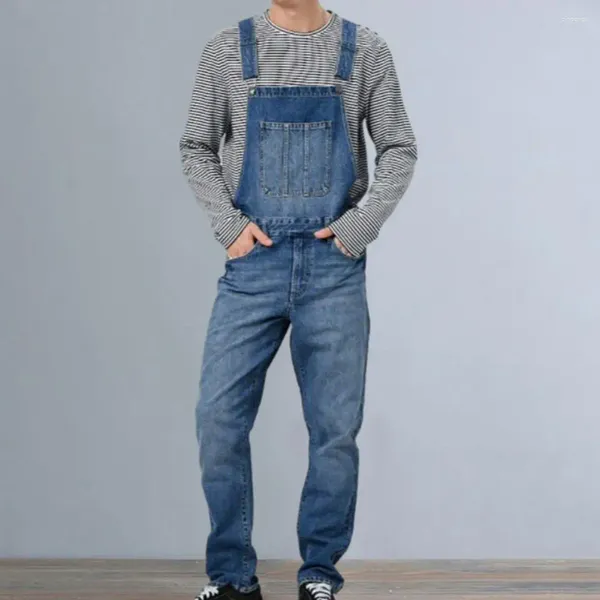 Jeans masculinos cor sólida multi-bolso macacão jeans macio respirável com suspender calças compridas para confortável