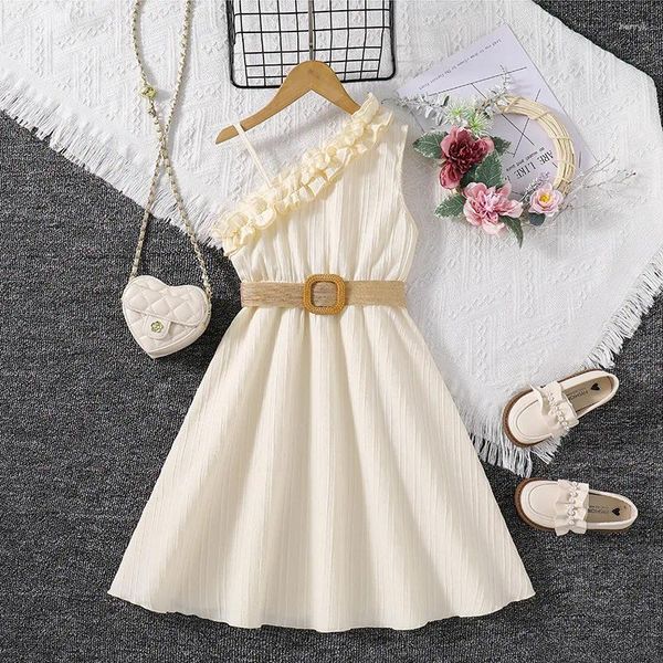 Mädchen Kleider Kinder Baby Mädchen Sommerkleid Elegantes ärmelloses One-Shoulder-Tanktop mit Rüschenbesatz und Gürtel Geburtstagsfeier A-Linie Sommerkleid