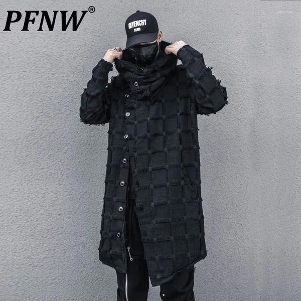 Casacos de Trench Masculinos PFNW Outono Windbreaker Darkwear Irregular Gótico Comprimento Médio Alto Pescoço Cachecol Com Capuz Maré Chic Trendy Punk Casaco 12Z5072