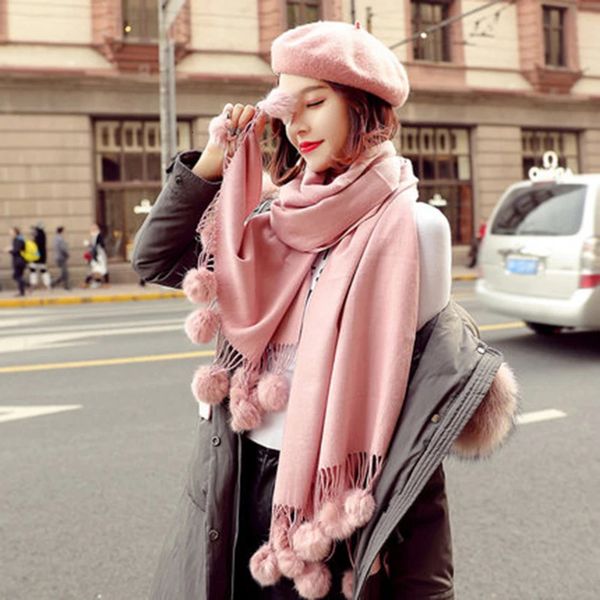 Sıcak Kış Yün Kaşmir Pom Eşarp Pembe Tavşan Kürk Topu Pashmina ile Büyük Çalgılaşma Büyük Stole Lady Wrap Shawl Büyük Boy Battaniye 240112