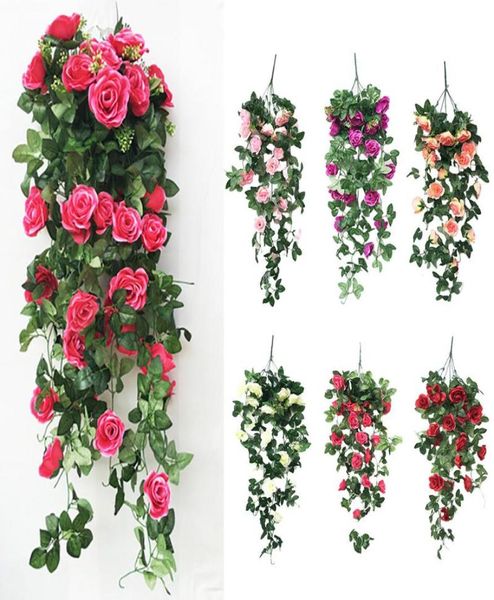 Simulação flor falsa rosa videira parede pendurado flor orquídea cesta suspensa sala de estar varanda decoração de casa 2719409
