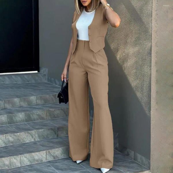 Calças femininas de duas peças mulheres colete terno elegante senhora baggy conjunto com cor sólida cintura alta perna larga streetwear para um