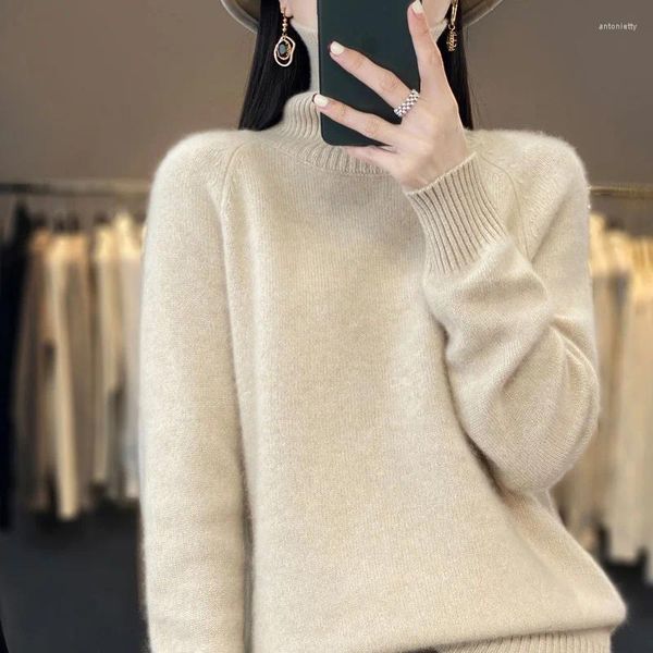 Suéter feminino outono e inverno solto ocioso 100 suéter de caxemira pulôver de lapela alta malha de lã cor sólida fundo