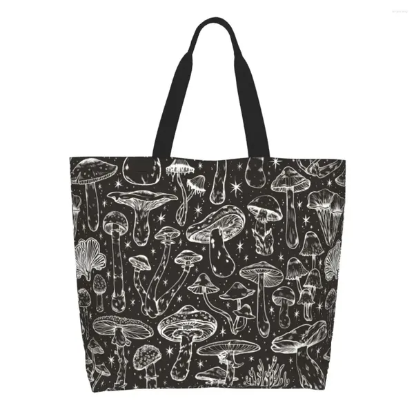 Sacos de compras Sacola de cogumelos mágicos preto grande bolsa de ombro feminina para escola de viagem ao ar livre reutilizável