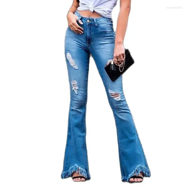 Jeans femininos ocidental sexy rasgado flare bell bottom calças de cintura alta retro perna larga denim menina moda buraco lavado