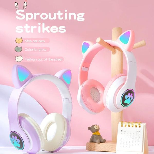 Kulaklıklar Flaş Led Sevimli Kedi Kulak Bluetooth Kulaklıklar Çocuk Kız Müzik Kablosuz Kask TF Kart Oyun Kulaklık Mikrofonlu Kulaklıklar Hediye