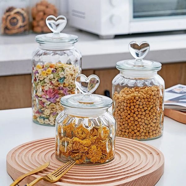 Moderne herzförmige versiegelte Glasdose für die Küche, Gewürzdose für Kaffeebohnen, transparente Glasdose für Süßigkeiten, Lebensmittel, Glas-Aufbewahrungsbehälter 240113