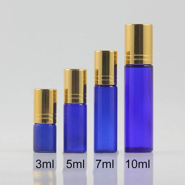 Bottiglia 3ml 5ml Rotolo cosmetico blu su bottiglia di vetro 7ml 10ml Make Up Profumo Bottiglie di rulli per massaggi con olio essenziale Tappo dorato Spedizione gratuita