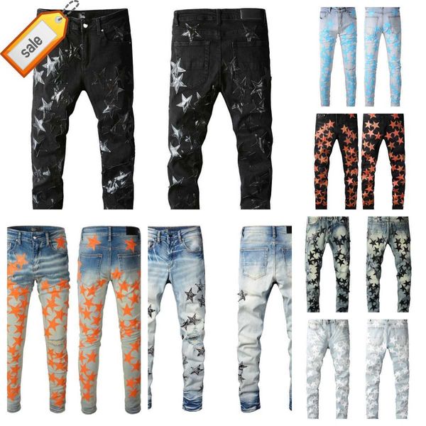 Herrenjeans Neue Herren für Jungs Rip Slim Fit Skinny Man Pants Orange Star Patches Tragen Biker Denim Stretch Cult Motorcyc Trendy Long Straight Hip Hop mit 27