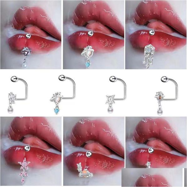 Anello a forma di D in acciaio inossidabile con ciondolo rosa per labbro con perno Dolce e freddo da donna Gioielli per piercing al chiodo per osso dell'orecchio Consegna a goccia Dhrfy