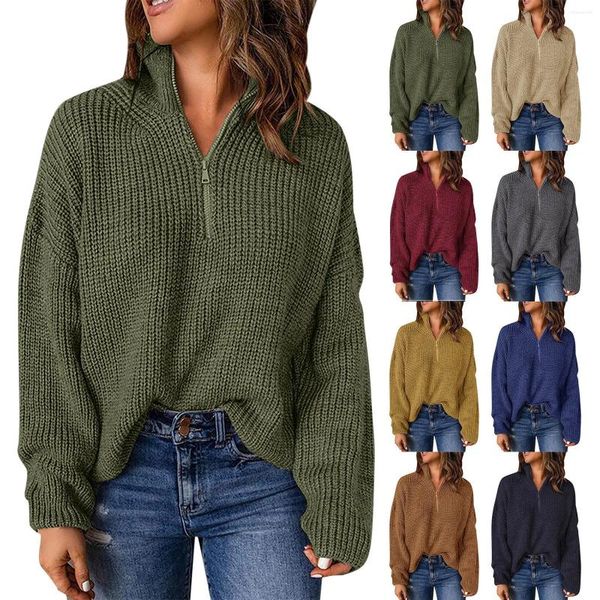 Suéteres femininos para mulheres Kint manga comprida 1/4 zip pulôver gola alta suéter feminino tops de verão pacote superior