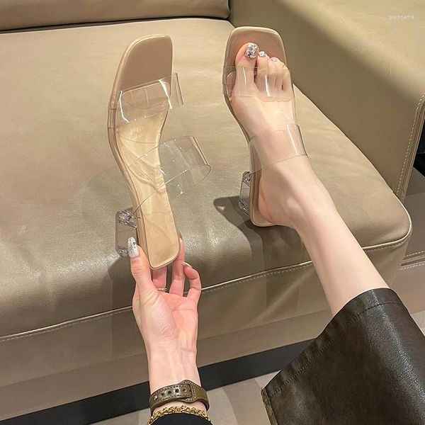 Pantofole Scarpe da donna 2024 Moda moderna da donna all'aperto matura semplice principessa trasparente tacco quadrato
