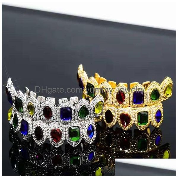 Хип-хоп Colorf Gemstone Teeth Grillz Мужчины Женщины Роскошный дизайнерский драгоценный камень Bling Diamond Стоматологические грили 18-каратная позолоченная медь Sier Drop Deliv Dh4Bl