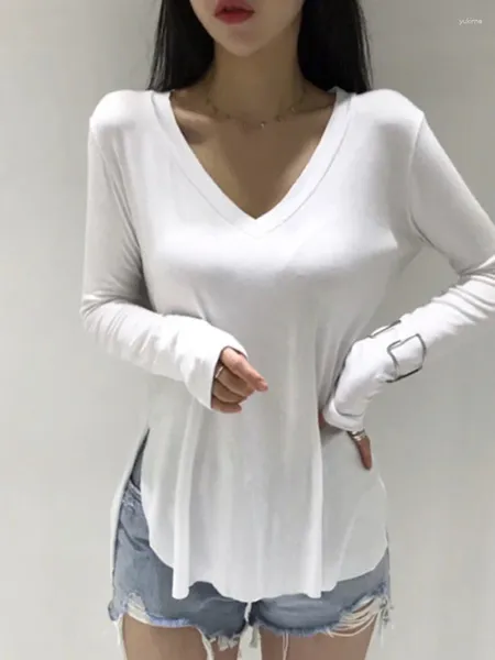 Camisetas femininas casuais camisa de pescoço em v para mulheres primavera 2024 estilo coreano mulher roupas básicas manga longa tops soltos camisetas