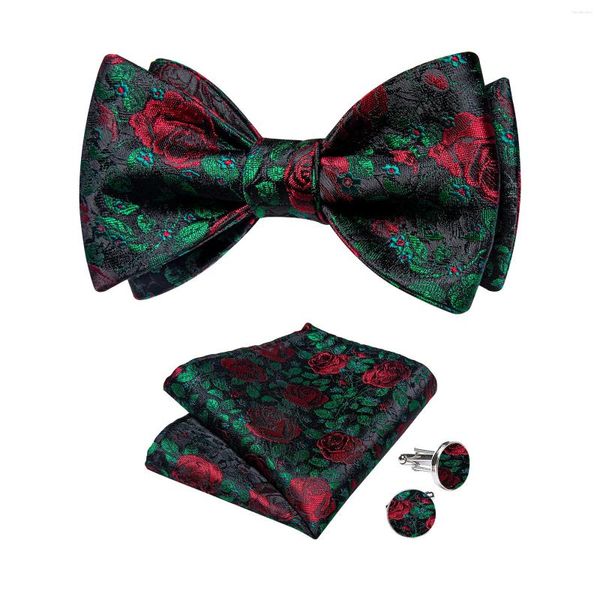 Papillon Cravatta verde unica con motivo floreale rosso Set di gemelli fazzoletto da taschino alla moda in seta per uomo Papillon da uomo per matrimonio da festa d'affari