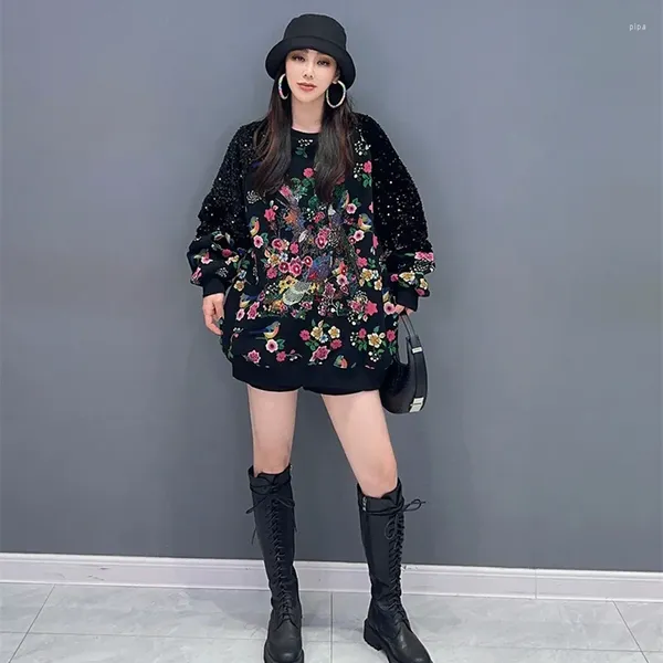 Hoodies femininos mulheres bordado grosso para primavera outono flor lantejoulas tops preto plus size moletom casual streetwear