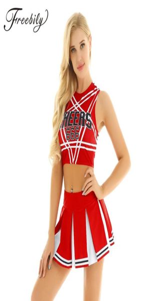 Frauen Erwachsene Charmante Cheerleader Uniform Cosplay Fancy Clubwear Kostüme Pentagramm Back Crop Top mit Mini Faltenrock Set9418607