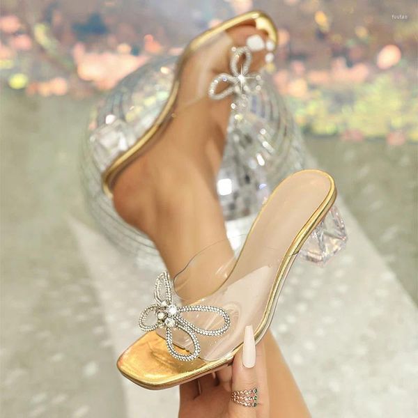 Sandalen Frauen 2024 Heels Kristall Schuhe frauen Offene spitze Sommer Gold Quadrat Weibliche Ankle Strap Mid Schuhe Frau