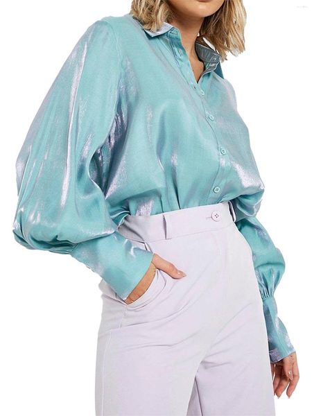 Blusas femininas moda coreana mulher blusa 2024 topos brilho camisa vestido blusa feminina manga longa turn-down colarinho solto camisetas streetwear