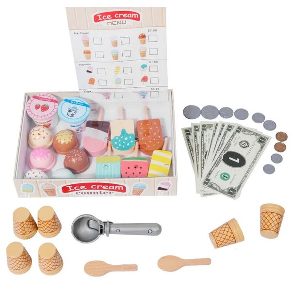 Casa da gioco in legno Set di giocattoli da cucina Simulazione Cibo Gelato Accessori da cucina per bambini Gioco di istruzione prescolare Regalo di Natale 240112