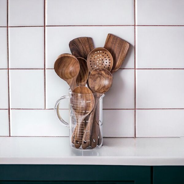Talheres de madeira natural feitos à mão, colher de madeira, conjunto de ferramentas de cozinha, produtos de cozinha
