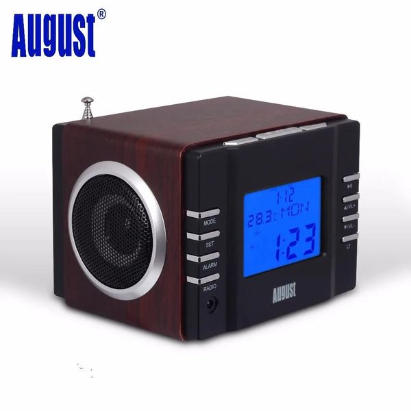 Radio August Mb300b Mini ricevitore radio sveglia Fm in legno e sistema stereo Mp3 con lettore di schede / ingresso aux USB / 2 altoparlanti Hifi da 3 W