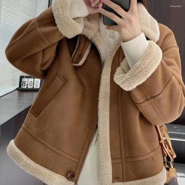 Moda feminina pele de cordeiro forrado casaco de couro falso inverno único breasted grosso casaco lapela quente fluff solto outerwear