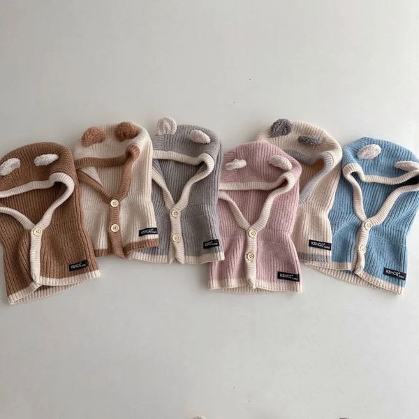 2-5 Jahre Kinder Cartoon Bär Ohr gestrickte Sturmhaube Baby warm winddicht integrierter Schal Winter Kinder dick häkeln Jagdmütze 240113