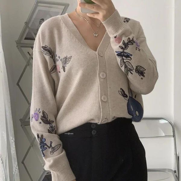 Maglieria da donna Giacca cardigan lavorata a maglia con scollo a V allentata in cashmere con ricamo a fiori con teschio autunnale da donna con design corto davanti e lungo dietro