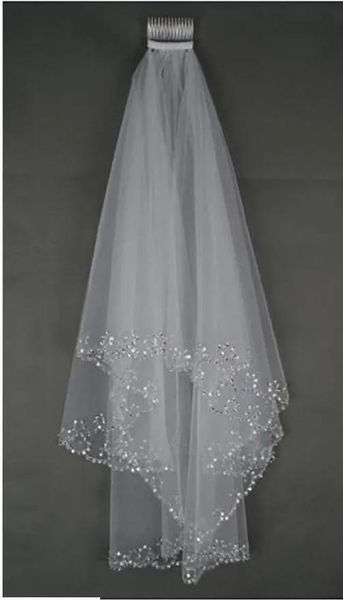 Veli Perline mozzafiato Veli da sposa corti a due strati con bordo in paillettes Perle Tulle Velo da sposa economico Accessorio da sposa Spedizione gratuita in S