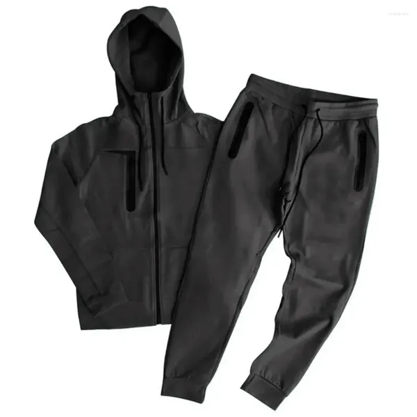 Conjuntos de calças de treino masculino com abertura de zíper casaco unissex conjunto de roupas esportivas com capuz calças de cintura elástica bolsos primavera/outono agasalho
