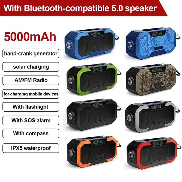 Lautsprecher Notfallradio Multifunktionales tragbares Handkurbel-Solarradio Bluetooth 5.0 Lautsprecher Am/FM 5000 mAh Power Bank für Mobiltelefon