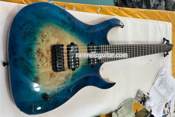 Auf Lager, 7 Saiten, Mayon Duell Black 3-Tone Blue Burst Eye Pappeldecke, E-Gitarre, 5-teiliger Wenge-Hals, Ebenholzgriffbrett, schwarze Hardware, 24 zusätzliche Jumbo-Bünde