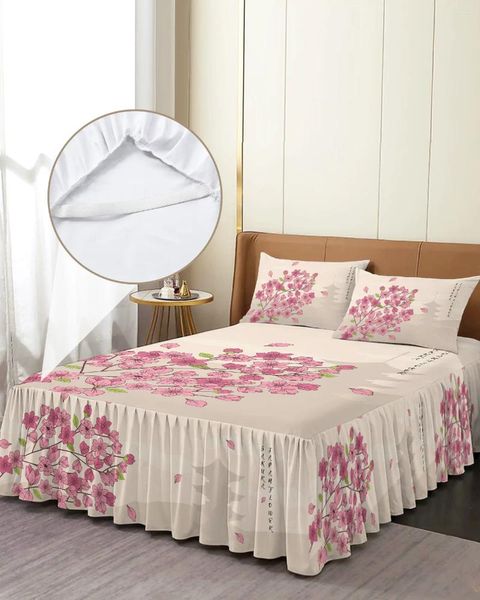 Saia de cama flor de cerejeira torre flor japonesa elástica colcha com fronhas capa de colchão conjunto de cama lençol