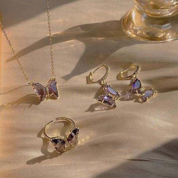 Anhänger Halsketten Licht Luxus Lila Kristall Schmetterling Schmuck Set Damenmode Schlüsselbein Kette Ohrstecker Ring Geschenk