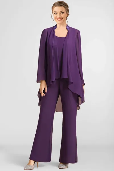 Женские брюки-двойки больших размеров для матери невесты Фиолетовый шифоновый блестящий пэчворк с блестками Куртка с неровным подолом Женский брючный костюм из трех предметов