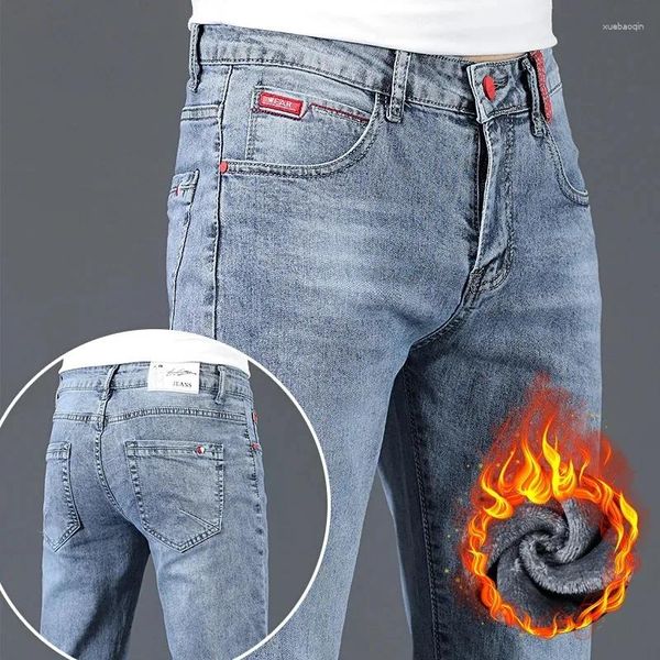 Мужские джинсы плотно облегающие зимние шерстяные плюшевые утеплители для похудения джинсовые брюки-карандаш уличная брендовая одежда