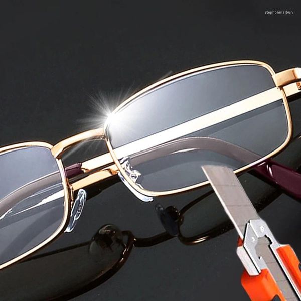 Sonnenbrille Retro-Lesebrille für Männer, quadratischer Metallrahmen, echte Glaslinse, Herren-Presbyopie-Anti-Kratz-Brille, 1,0 bis 4,0