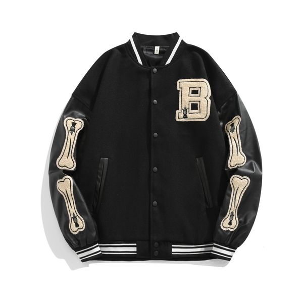 Giacca bomber da baseball Varsity Donna HipHop Haraiuku Bone Letter Patchwork Giacche in pelle Streetwear Uomo Cappotti universitari unisex 240112