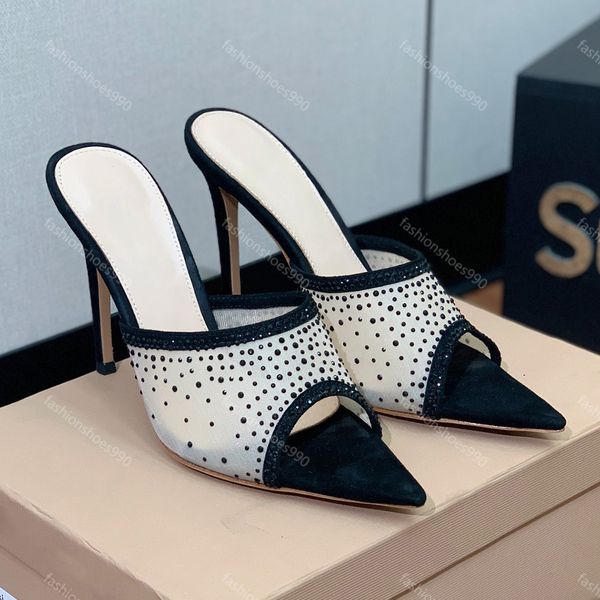 Gianvito Rossi Pantofole con tacco alto Designer Scarpe da donna Sandali moda in rete Materiale garza Strass Classici Scuff Punta aperta Pantofola di design di lusso