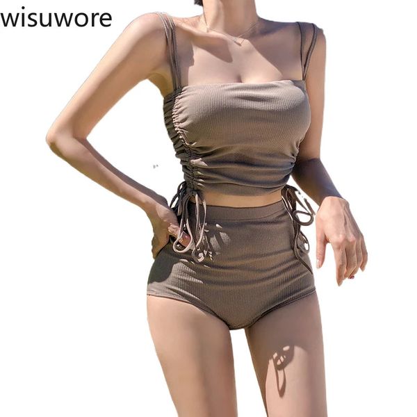Wisuwore cintura alta divisão maiô feminino cordão espartilho triângulo calcinha sexy conjunto de biquíni senhoras banho primavera férias 240112