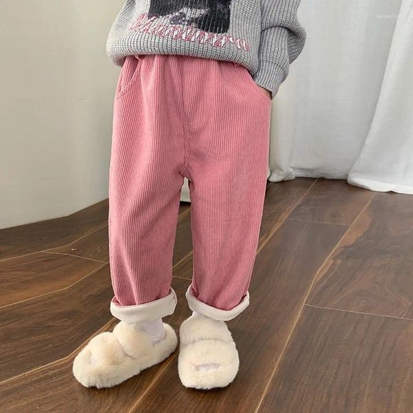 Hosen Mädchen Hosen 2024 Herbst Winter Koreanische Mode Stil Dicke Fleece Cord Gestreiften Baby Feste Oberbekleidung