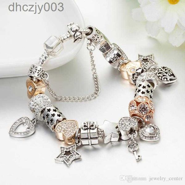 Ciondoli a forma di cuore e braccialetto con ciondolo chiave placcati in argento 925 di alta qualità per braccialetti con ciondoli Gioielli regalo AKAS
